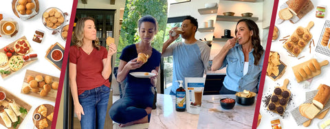 A collage of people enjoying food and hydrating with water.