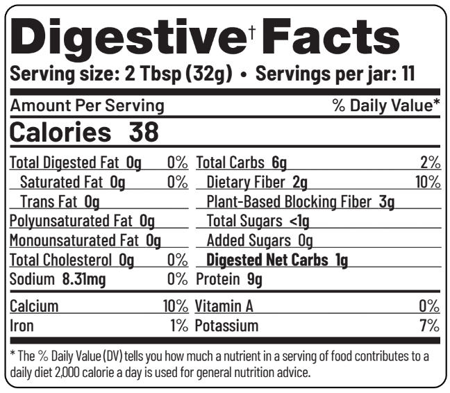 Nutrition label displaying digestive facts, including calories, serving size, and nutrient breakdown for informed dietary choices.