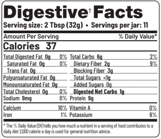 Nutrition label displaying digestive facts, including calories, serving size, and nutrient breakdown for informed dietary choices.