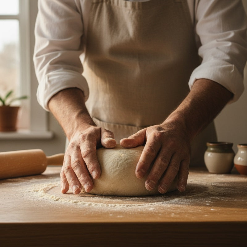 Hands kneading dough at the WiO bakery counter