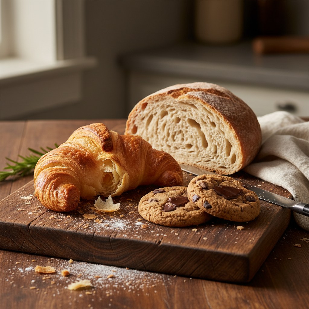 Croissant, sliced loaf, and chocolate chip cookies on a warm wood board